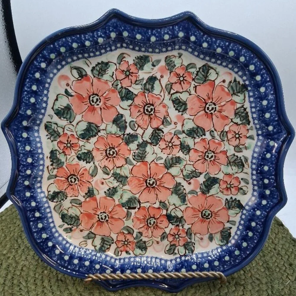Handmade Polish Pottery Floral Square Plate 10